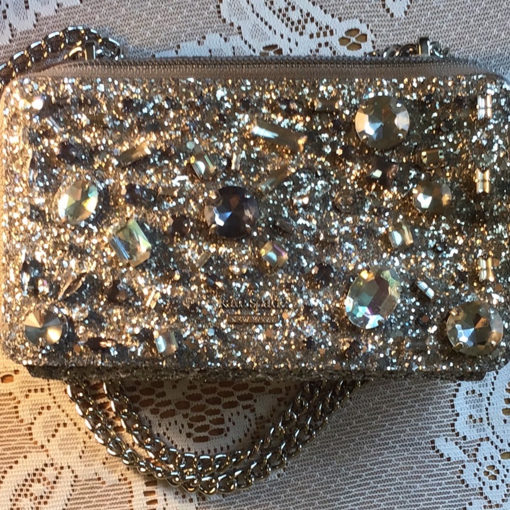 Authentic Kate Spad heavy silver glitter prong set rhinestones holiday box purse